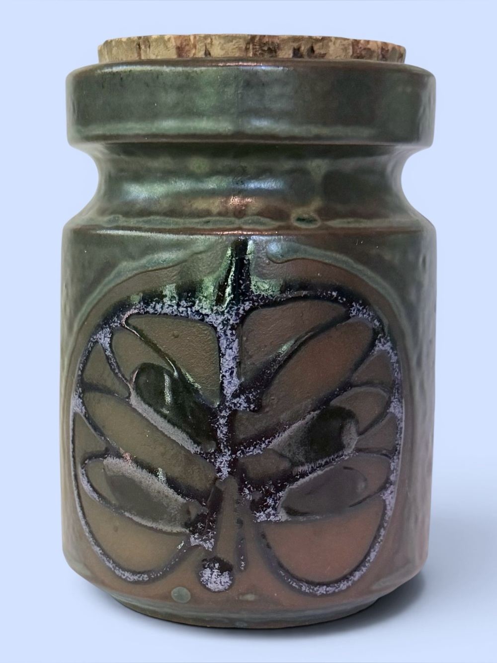 VTG 1970’s Handmade Pottery Jar OMC Japan Boho Design Butterfly Motif Cork Lid